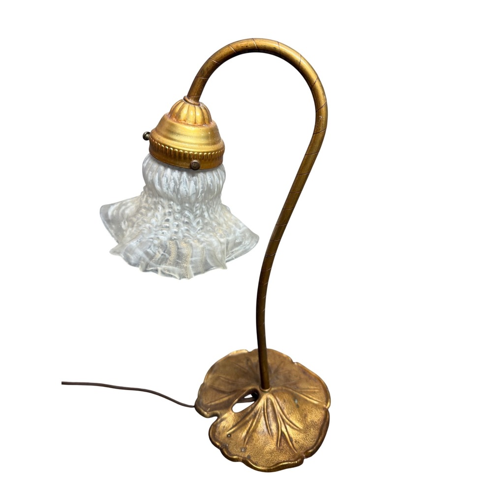 Vintage Art Nouveau Brass Gooseneck Desk Lamp Lily Pad Base Frosted Tulip Shade
